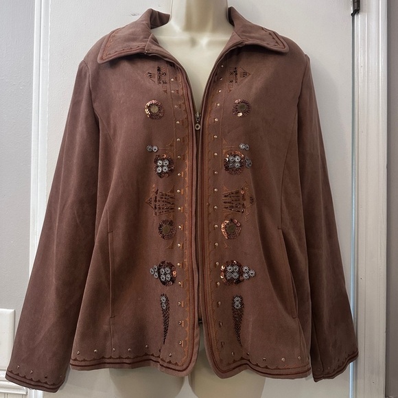 Vintage Allison Daley Women’s 10 Brown Embroidered Zip Jacket Sequins + Pockets - Picture 3 of 14